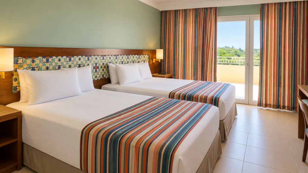 Quarto do Gran Hotel Stella Maris com duas camas e varanda
